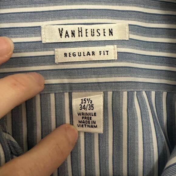 Van Heusen Mens Regular Fit Striped Dress Shirt 15 1/2 34/35 Blue Wrinkle Free - Picture 4 of 6